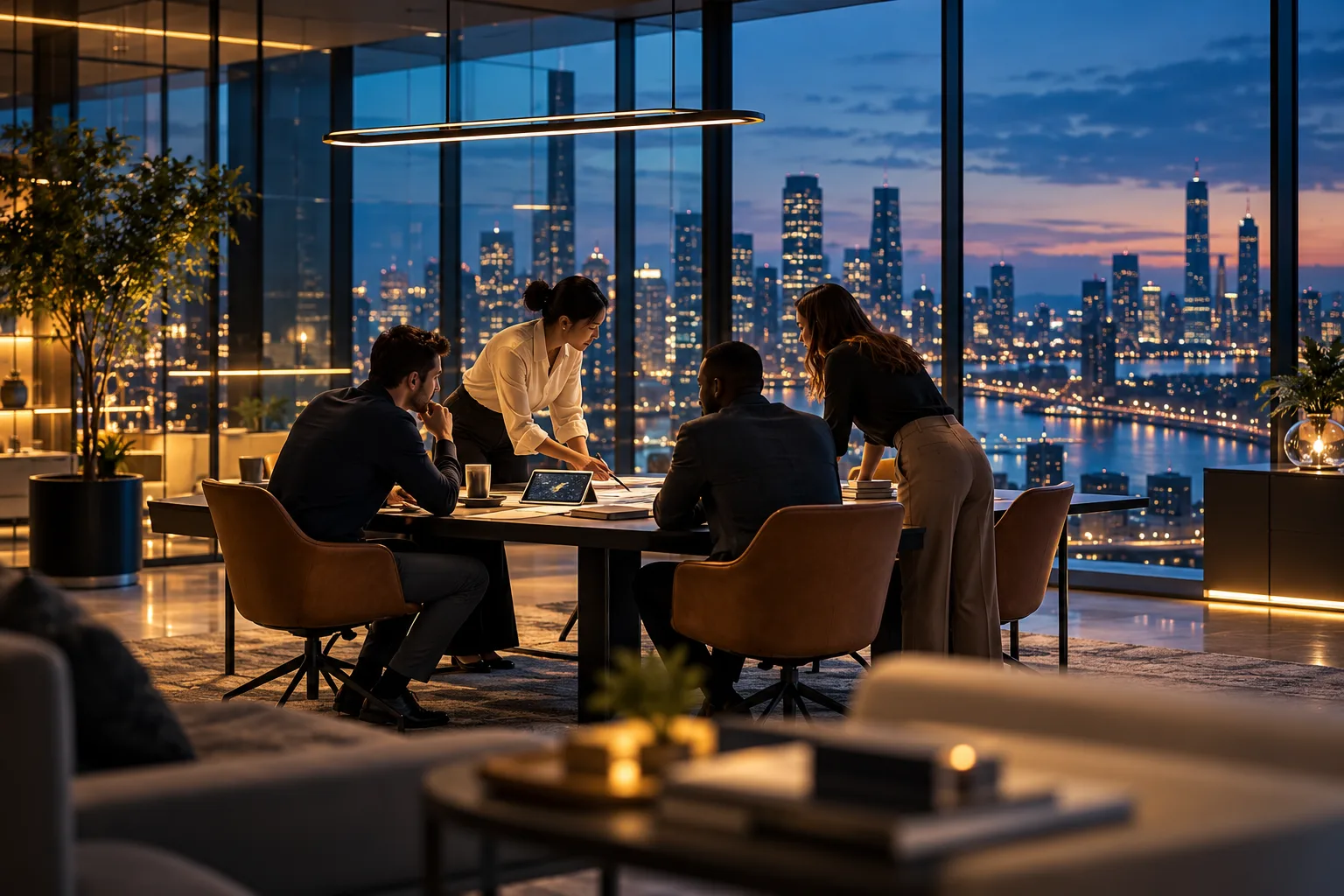Modern professional team collaborating in a cinematic office brand scene